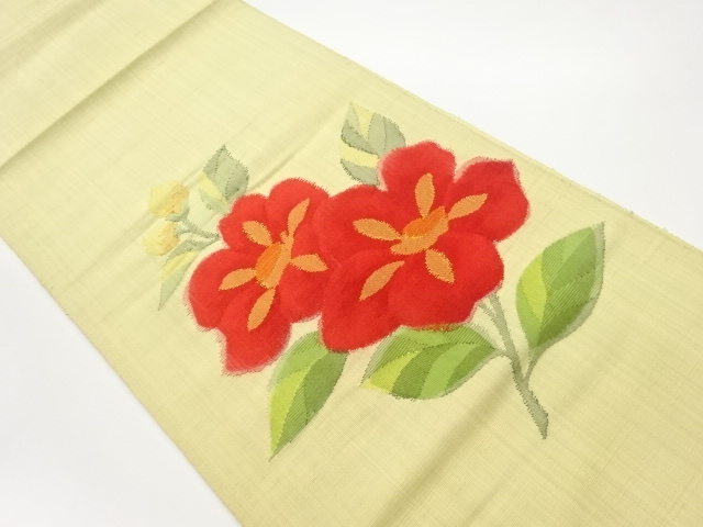 手織り紬花葉模様織出し名古屋帯